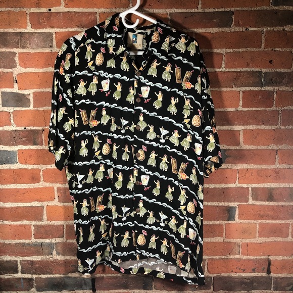 Hawaiian Shirt Black Hula Girls 100% Rayon - Picture 1 of 5